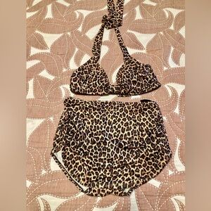 Esther Williams Leopard Print Bikini Set - Halter Top & High-Waist Bottoms